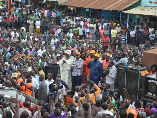 Cord leader Raila Odinga addresses a crowd at Migori Bus Park, October 25, 2016. /MANUEL ODENY