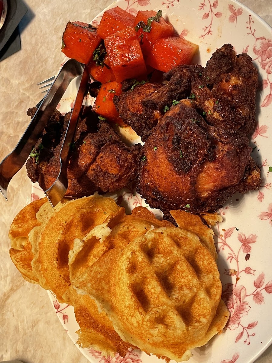 Chicken, watermelon, and Waffles