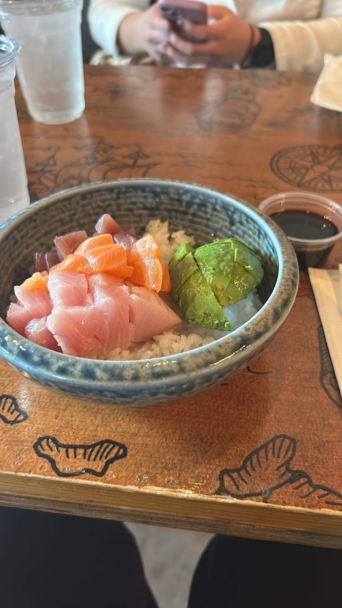 Sashimi Trio plus avocado on a side of rice, with GF soy sauce