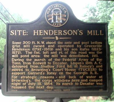 Some 300 ft N.W. stood the ante and post bellum grist mill owned and operated by Greenville Henderson (1792-1869) and his son Rufus (1823-1872). The flat, left and rt. of this road was the mill...