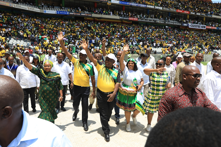 ANC president Cyril Ramaphosa and his deputy Paul Mashatile greet the ANC supporters at the party’s112th birthday celebrations in Mbombela, Mpumalanga, January 13 2024. Picture: Thapelo Morebudi
