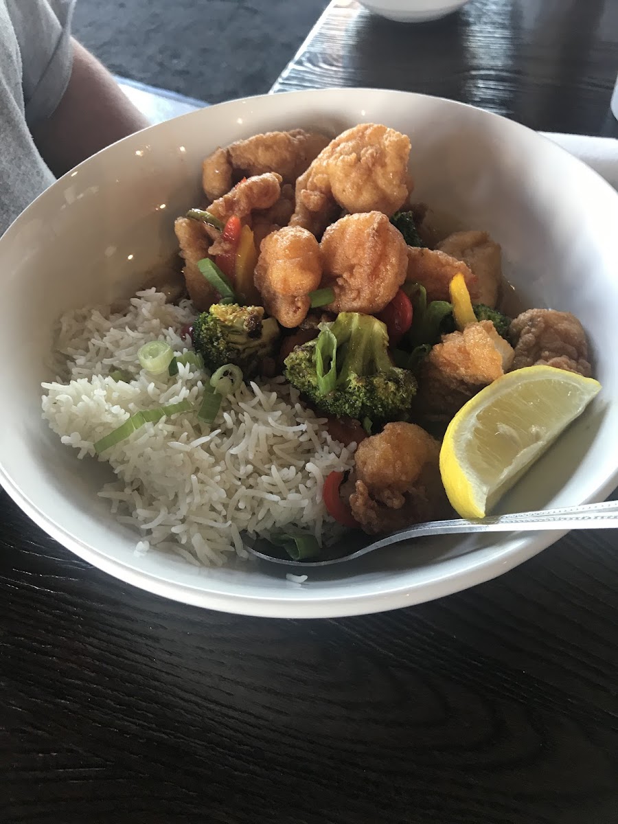 Sweet and Sour Fried Shrimp and Haddock with rice