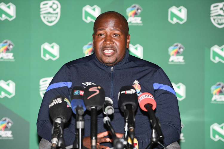 University of Pretoria coach Tlisane Motaung during a Nedbank Cup press conference at Nedbank's head office in Sandton on Wednesday.