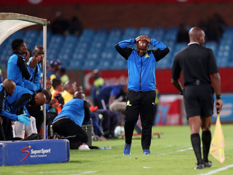 Mamelodi Sundowns' head coach Pitso Mosimane reacts during the Absa Premiership match against Chippa United at Loftus Versveld Stadium, Johannesburg on 04 April 2018.