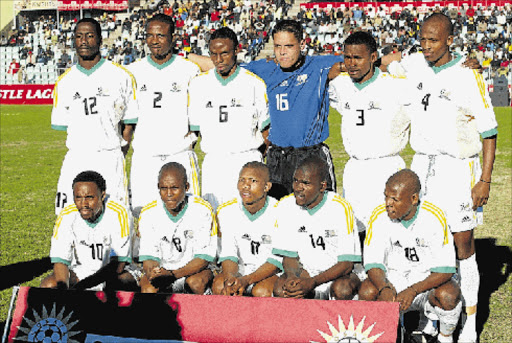 THE BOYS: Bafana team seen here during the Cosafa Cup match against Zimbabwe at Buffalo City Stadium (formerly Absa Stadium) in East London in 2003. From left, back row, Benson Mhlongo, Edward Malinga, Bheka Phakathi, Moeneeb Josephs, Themba Mnguni and Siphiwe Mkhonza. Front, Frank Makua, Dikgang Mabalane, Gert Schalkwyk, Tsietsi Mahoa and Abram Raselemane. Bafana will return to East London next week Picture: TERTIUS PICKARD IMAGES