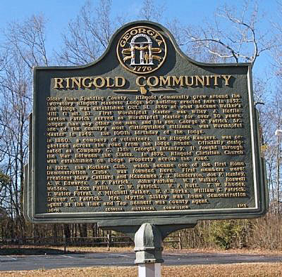 Older than Spalding County, Ringold Community grew around the two-story Ringold Masonic Lodge 90 building erected here in 1852. The lodge was established Oct. 31, 1849 at what became Walkers Mill...