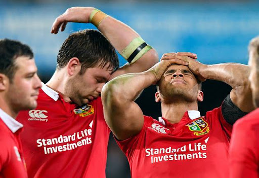 British and Irish Lions players Iain Henderson and team mate Jonathan Joseph react after losing to the Otago Highlanders at Forsyth Barr Stadium in Dunedin, New Zealand, on Tuesday 13 June 2017.