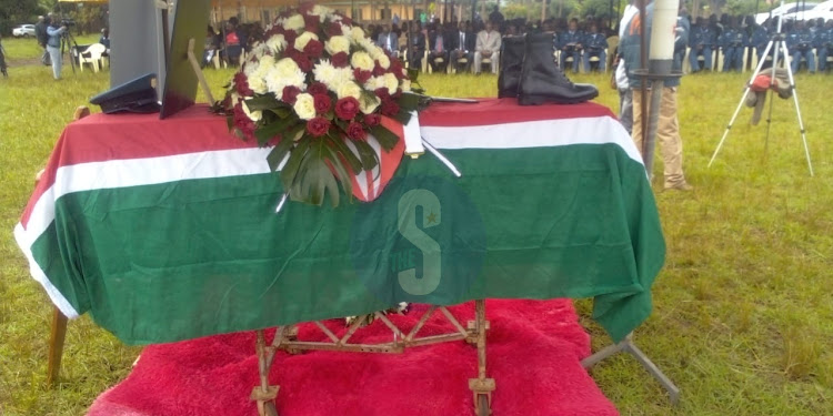 The casket bearing the remains of fallen KDF soldier Senior Sergeant John Kinyua on April 26, 2024