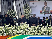 Limpopo premier Stan Mathabatha flanked by Minister of agriculture, land reform and rural development Thoko Didiza and Minister of Justice Ronald Lamola at the funeral of Collins Chabane local municipality mayor Moses Maluleke. 