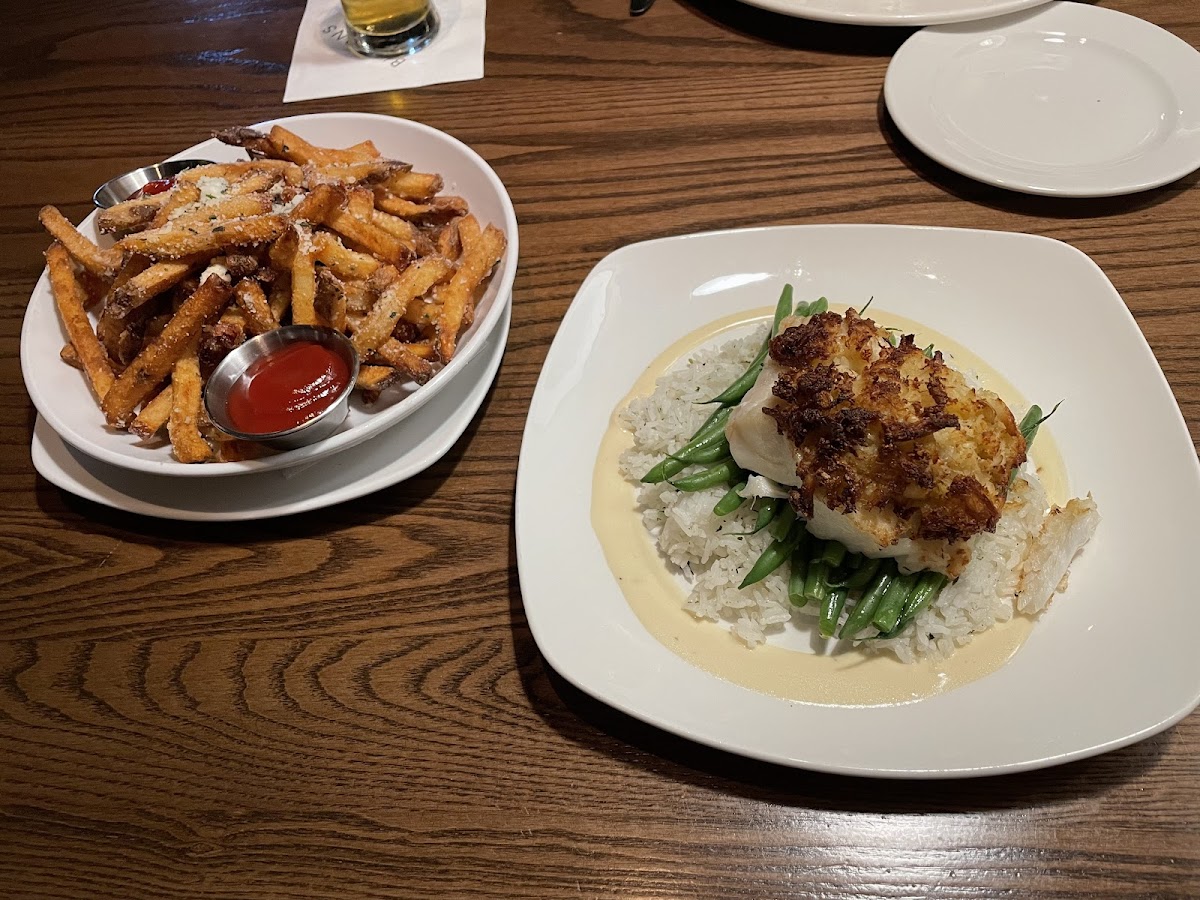 Crab topped haddock, parm fries