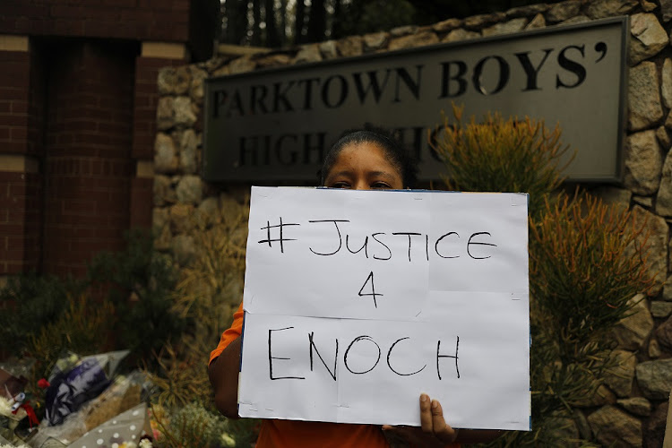 A protest was held outside Parktown Boys' High on Tuesday. On the same day, Enoch Mpianzi's parents and a SAHRC delegation visited the North West lodge where Enoch died.