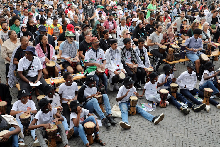 Human Rights Festival attendees beat drums for a free Palestine at Constitution Hill yesterday
