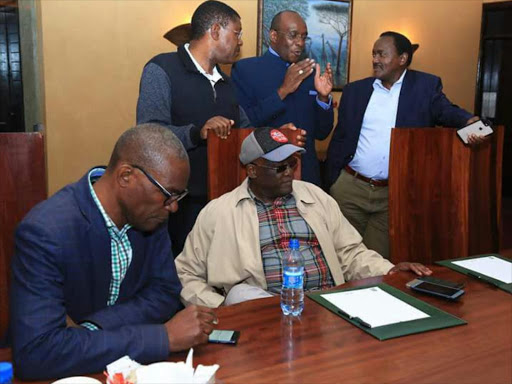 Wiper leader Kalonzo Musyoka, Ford Kenya's Moses Wetangula, ANC secretary general Barack Muluka, MP Eseli Simiyu and former senator Johnstone Muthama on Sunday, March 11. /COURTESY