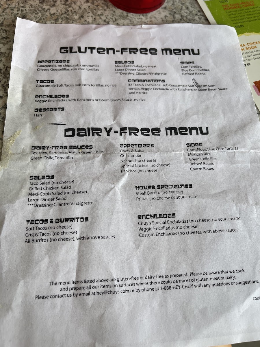 Chuy's gluten-free menu