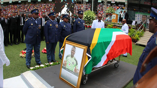 General view of the coffin during the funeral service of the late Senzo Meyiwa at Moses Mabhida Stadium. Picture Credit: Anesh Debiky/Gallo Images