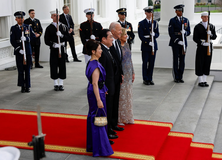US President Joe Biden and first lady Jill Biden pose with Japanese Prime Minister Fumio Kishida and his wife Yuko Kishida at the North Portico at the White House in Washington, US, on April 10, 2024. Picture: REUTERS/EVELYN HOCKSTEIN