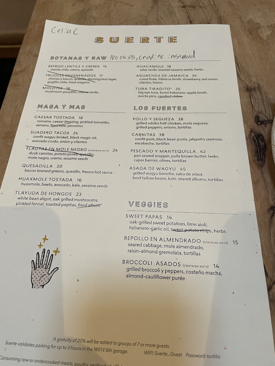 Suerte gluten-free menu