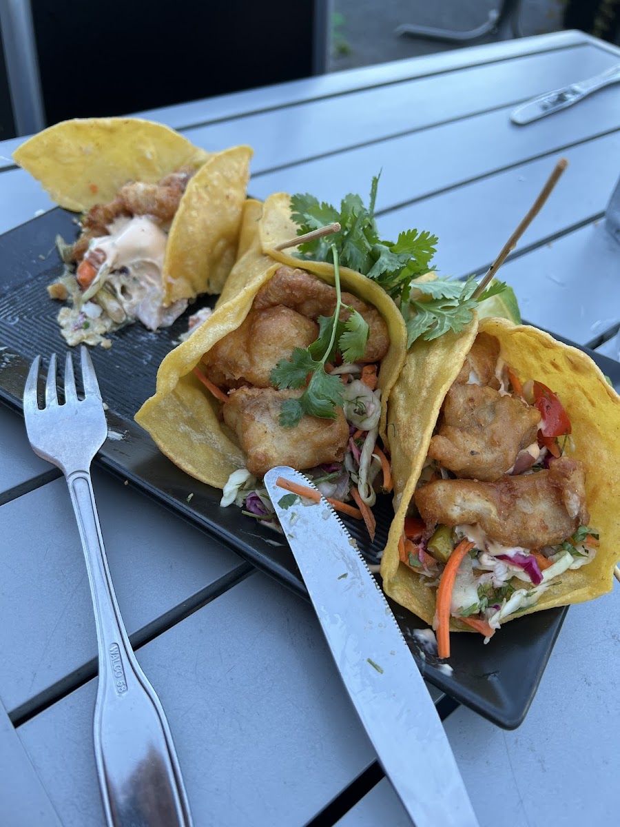 Rockfish tacos with a GF chickpea batter.