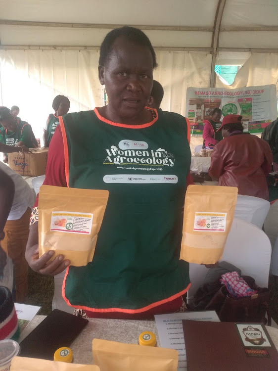 Victoria Mumo, a small-scale farmer from Kithimani village, Yatta subcounty in Machakos county who is adding value to orange-fleshed sweet potatoes and making nutritious flour.