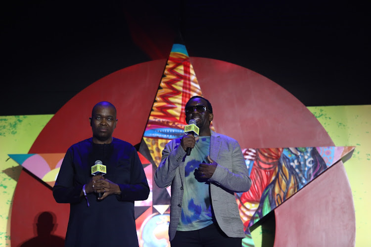 Harith CEO Sipho Makhubela and Tshepo Mahloele, Africa’s patron of the Global Citizen “End Extreme Poverty Now” campaign during the Global Citizen Festival in Accra, Ghana. Picture: Masi Losi