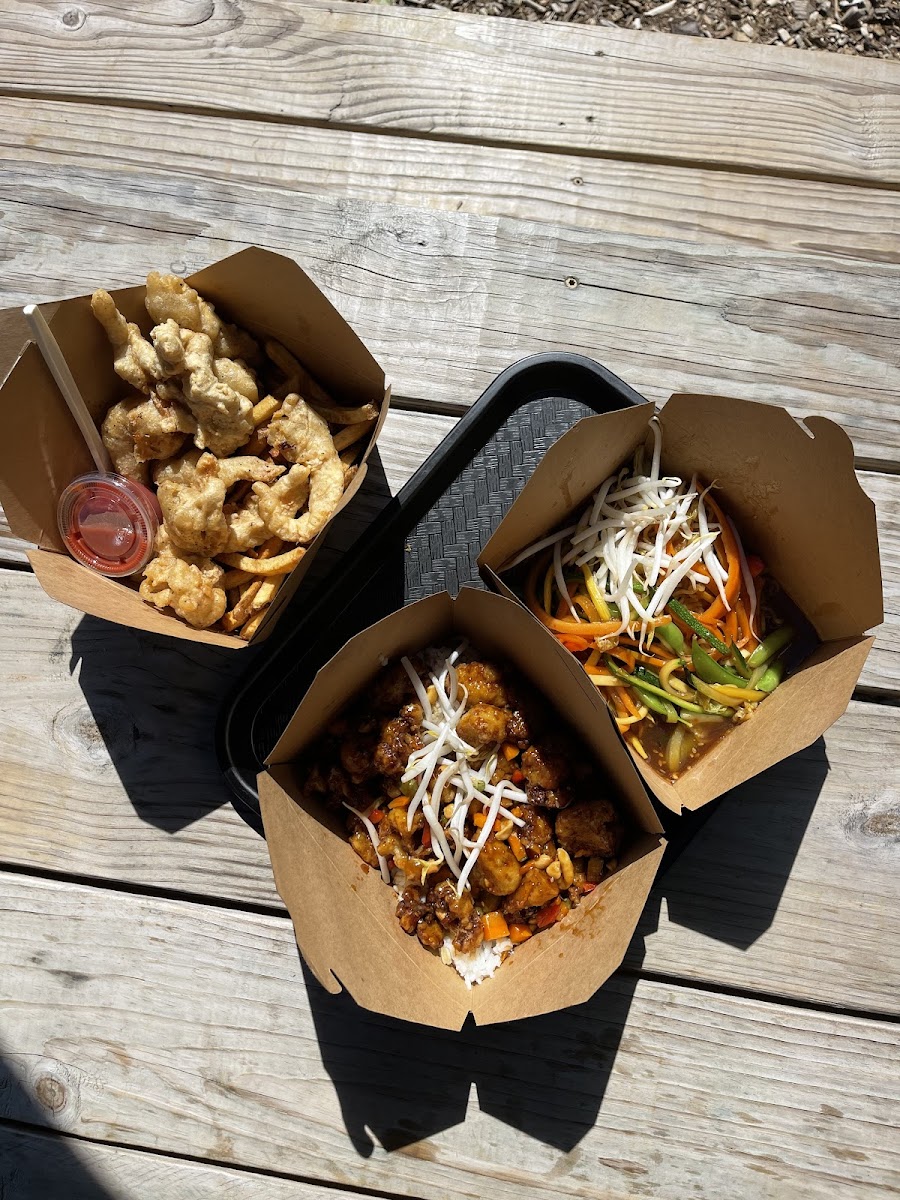 Chicken fingers & fries, Kung Pao Cauliflower Bowl and Noodle Bowl (noodle bowl not GF)