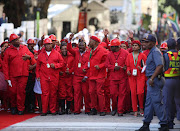 Economic Freedom Fighters singing outside the National Assembley during the State of the Nation at Parliament.