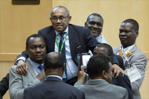 Ahmad Ahmad (2ndL) of Madagascar reacts after being elected the new president of the Confederation of African Football (CAF) in Addis Ababa on 16 March 2017. Madagascar's football chief Ahmad Ahmad was elected president of the Confederation of African Football today, ousting veteran leader Issa Hayatou after 29 years in office.