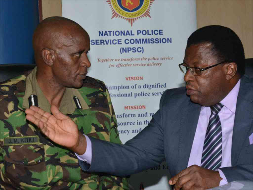 Deputy Inspector General of Police John Kitili with Chairperson National Police Service Commission Johnston Kavuludi during the release of the vetting results at their headquarters yesterday. photo/PATRICK VIDIJA