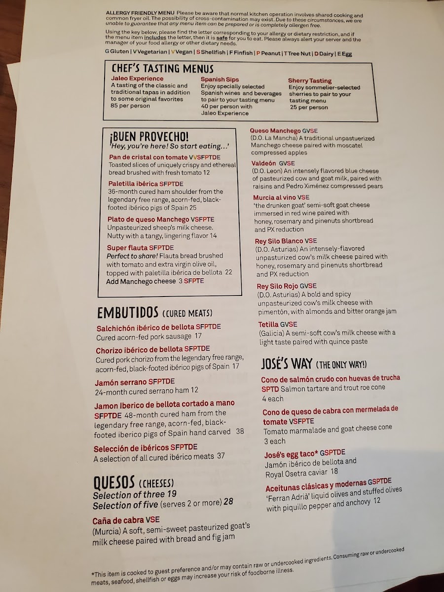 Page 1 of the allergen menu