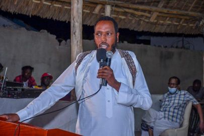 Fafi parliamentary aspirant Salah Yakub speaking at a recent function in Garissa.
