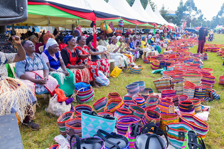 Women display their ciondos during the Kigumo baskets expo and fundraising organised by senator Veronica Maina.