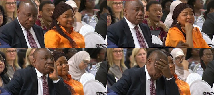 Baleka Mbete and president Cyril Ramaphosa react to one of the testimonies being shared by a panellist at the Presidential Summit on Gender-Based Violence and Femicide.