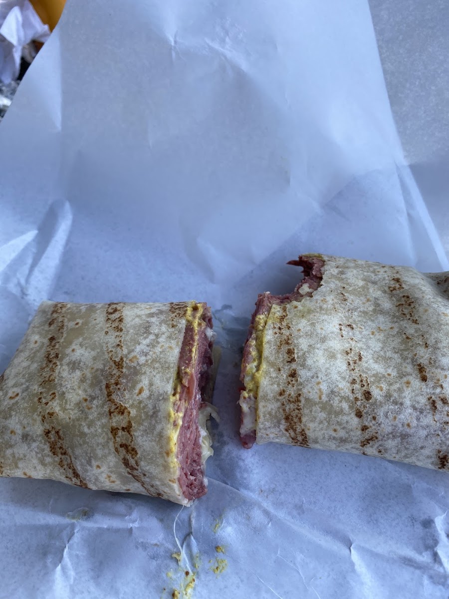 Delicious corned beef on GF wrap.