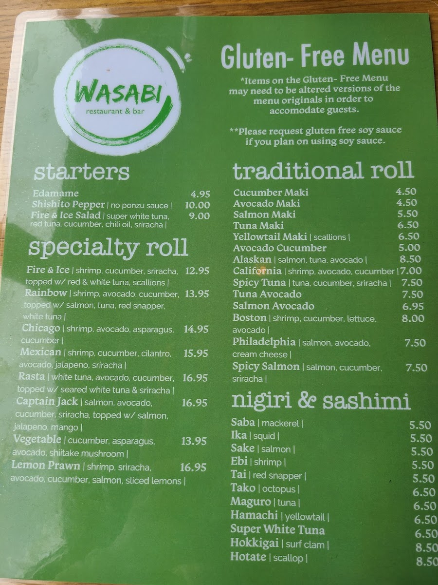 Wasabi Restaurant & Bar gluten-free menu