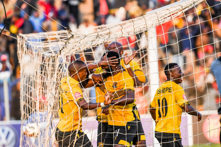 Black Leopards players celebrate with Mwape Musonda after scoring an equalizer during the Absa Premiership match against Highlands Park at Makhulong Stadium on August 09, 2018 in Johannesburg, South Africa.