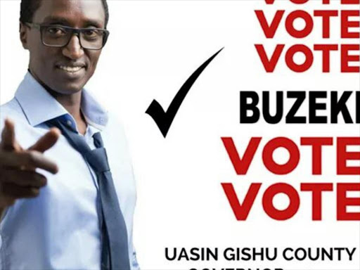 A campaign poster that has surfaced of businessman Bundotich Kiprop, also known as Buzeki, vying for Usain Gishu governor as an independent candidate. /COURTESY