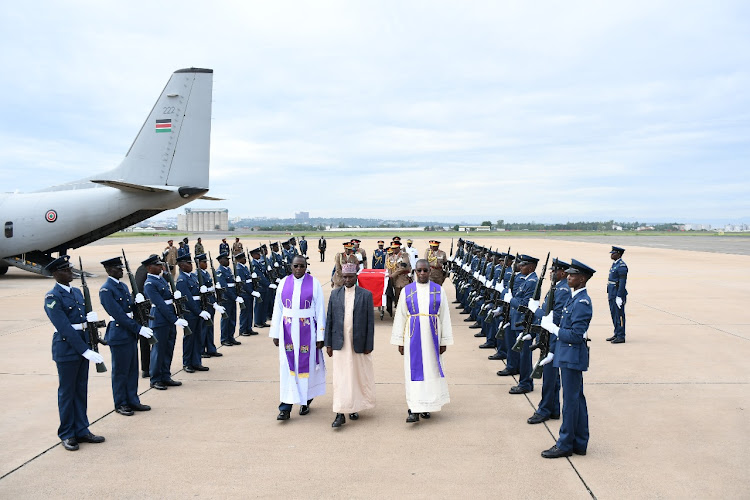 A millitary parade mounted in honour of the late CDF Francis Omondi Ogolla upon arrival at Kisumu International Airport on Sunday, April 21, 2024.