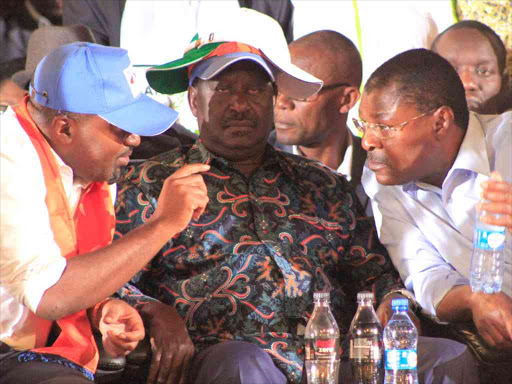 Mombasa Governro Hassan Joho, opposition leader Raila Odinga and Ford Kenya's Moses Wetang'ula during their rally at Bomas of Kenya in Nairobi, January 17, 2017. /MONICAH MWANGI