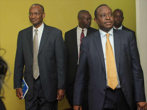 CBK governor Patrick Njoroge with Treasury CS Henry Rotich at the State of Banking address in Nairobi on April 8 /ENOS TECHE