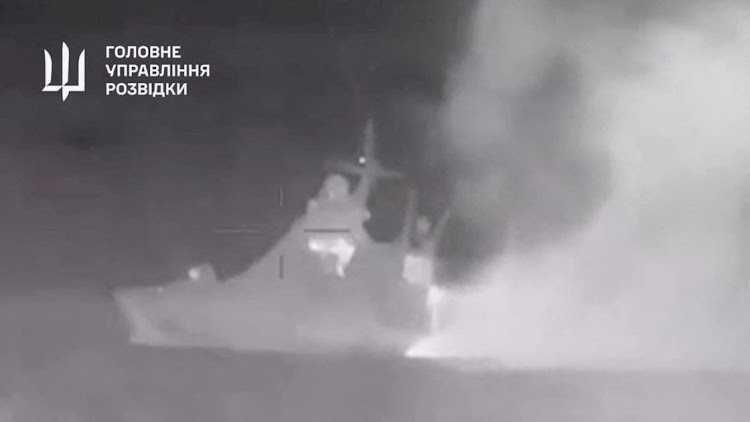 Handout footage shows smoke rising from what Ukrainian military intelligence said is the Russian Black Sea Fleet patrol ship Sergey Kotov that was damaged by Ukrainian sea drones, at sea, at a location given as off the coast of Crimea, in this still image obtained from a video released on March 5 2024. Picture: MINISTRY OF DEFENCE OF UKRAINE/HANDOUT via REUTERS