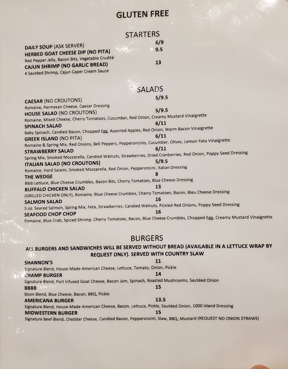 Gluten Free Menu