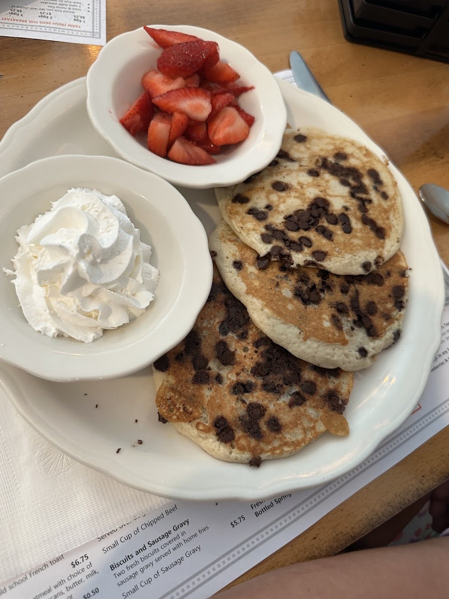 GF Chocolate chip pancakes w/ strawberries and whipped cream