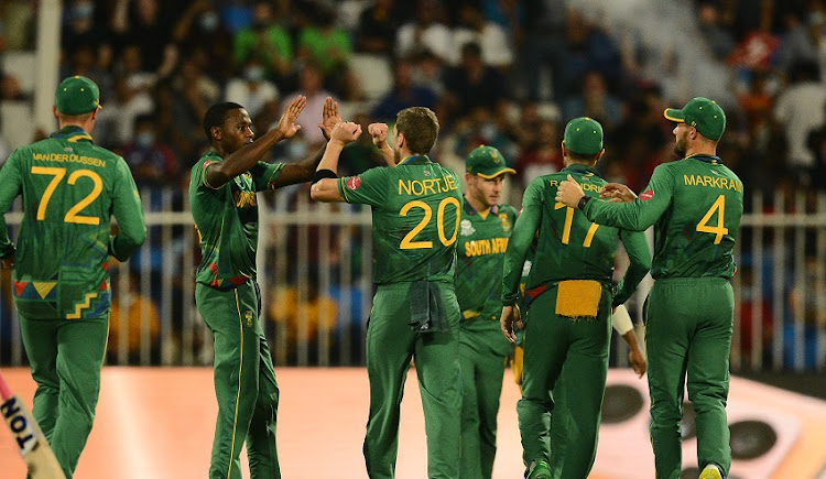 Proteas celebrates the wicket of Jos Buttler (not in Picture) of England during the 2021 ICC T20 World Cup.