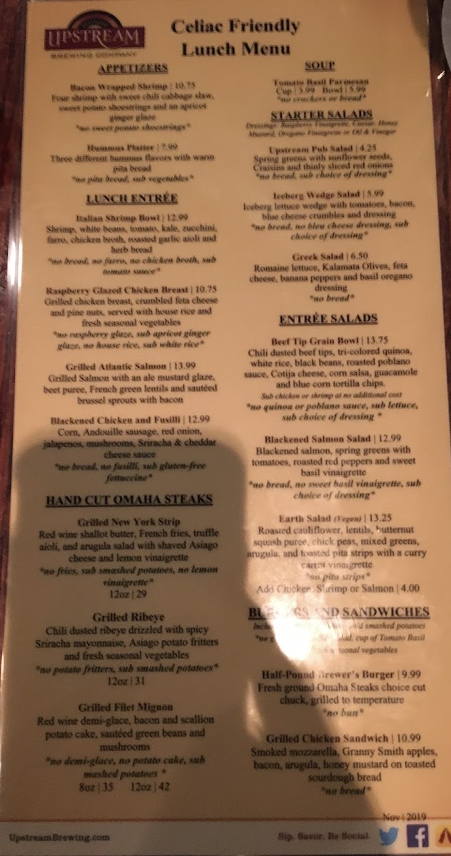 One side menu for Celiac Friendly