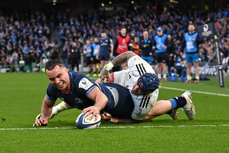 James Lowe scores Leinster Rugby's fourth try in their Champions Cup quarterfinal win against Stade Rochelais at Lansdowne Road in Dublin on April 13.