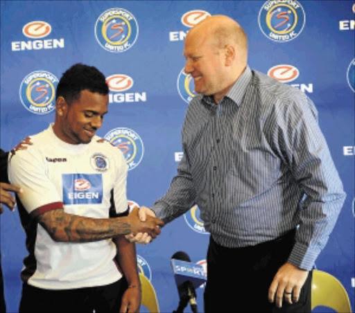 SO LONG: Kermit Erasmus and SuperSport United director of football Stan Matthews at a press conference in Pretoria yesterdayPhoto: BackpagePix