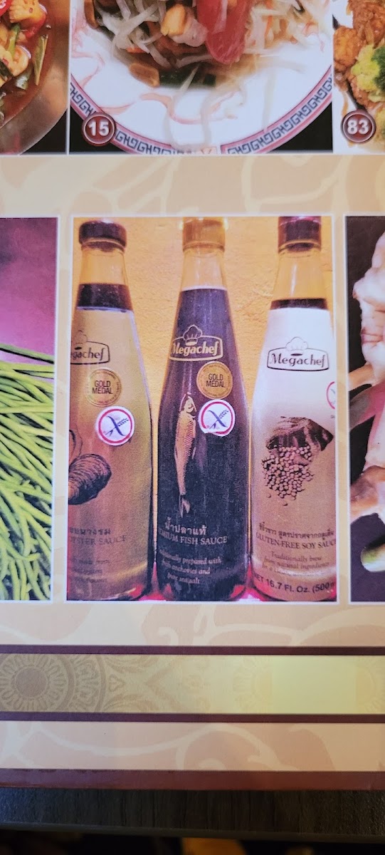 Menu shows a picture of the gluten free sauces used