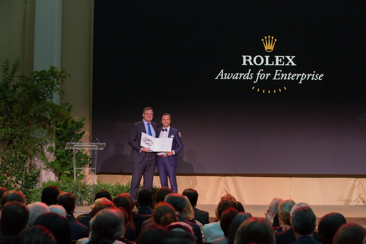 2012 Rolex Awards for Enterprise Laureate Mark Kendall, left, appears next to 2019 Laureate Gregoire Courtine at the 2019 Rolex Awards Ceremony, held at the Smithsonian American Art Museum in Washington DC. Picture: SUPPLIED/ROLEX