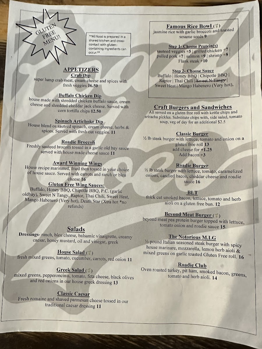 Roadie Joe's Bar & Grill gluten-free menu