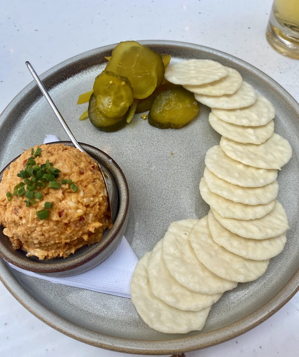 pimiento cheese appetizer with rice crackers